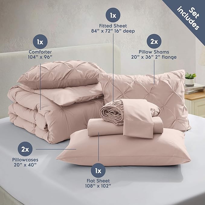 Nestl California King Comforter Set 7 Piece - Pintuck Cal King Comforter Set Blush Pink, California King Bed in a Bag, All Season Bed Set with Flat Sheet and Fitted Sheet, Pillowcases and Shams