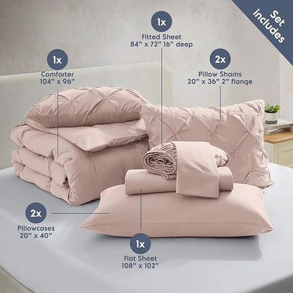Nestl California King Comforter Set 7 Piece - Pintuck Cal King Comforter Set Blush Pink, California King Bed in a Bag, All Season Bed Set with Flat Sheet and Fitted Sheet, Pillowcases and Shams