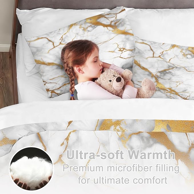 White Gold Marble Comforter Set Twin Size Grey White Gold Marbling Bedding Set for Kids Teens Adults Metallic Marbled Bed Set Glitter Gold Stripes Quilt Set with 1 Comforter + 1 Pillow Case