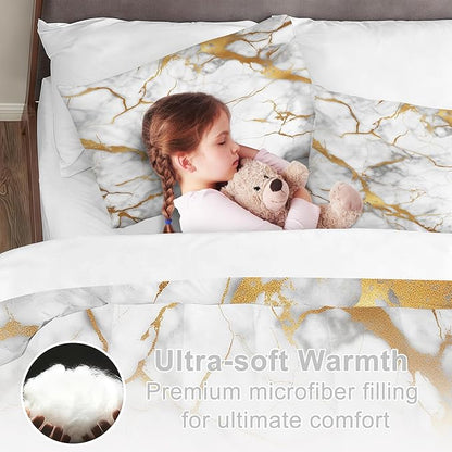 White Gold Marble Comforter Set Twin Size Grey White Gold Marbling Bedding Set for Kids Teens Adults Metallic Marbled Bed Set Glitter Gold Stripes Quilt Set with 1 Comforter + 1 Pillow Case