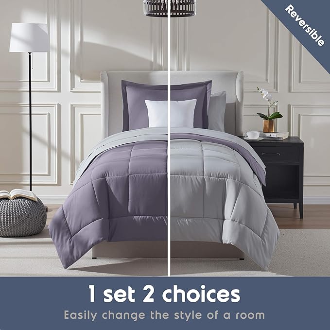 Nestl 5 Piece Twin XL Comforter Set – Grayish Purple Reversible Bed in a Bag – Complete Twin XL Size Bedding Set with Sheets, Pillowcase and Sham