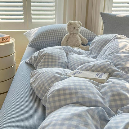 VM VOUGEMARKET Blue Gingham Comforter Set Queen,3 Pieces White Blue Plaid Comforter with 2 Pillowcases for Men Boys Simple Modern Bedding Set (90"x90")
