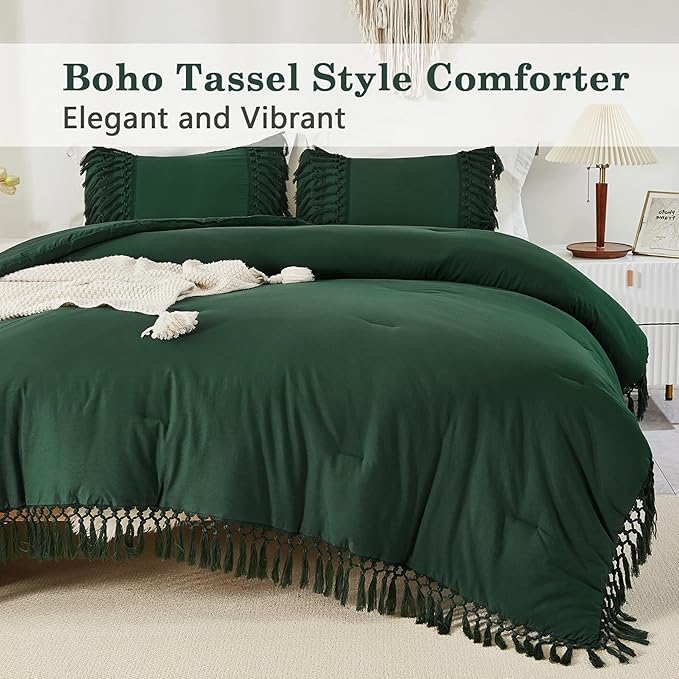 Andency Emerald Dark Green Comforter Set King, 3 Pieces Boho Tassel Lightweight Vintage Soft Bedding Comforter for King Bed, All Season Fluffy Fringe Bed Set (104x90In Comforter & 2 Pillowcases)