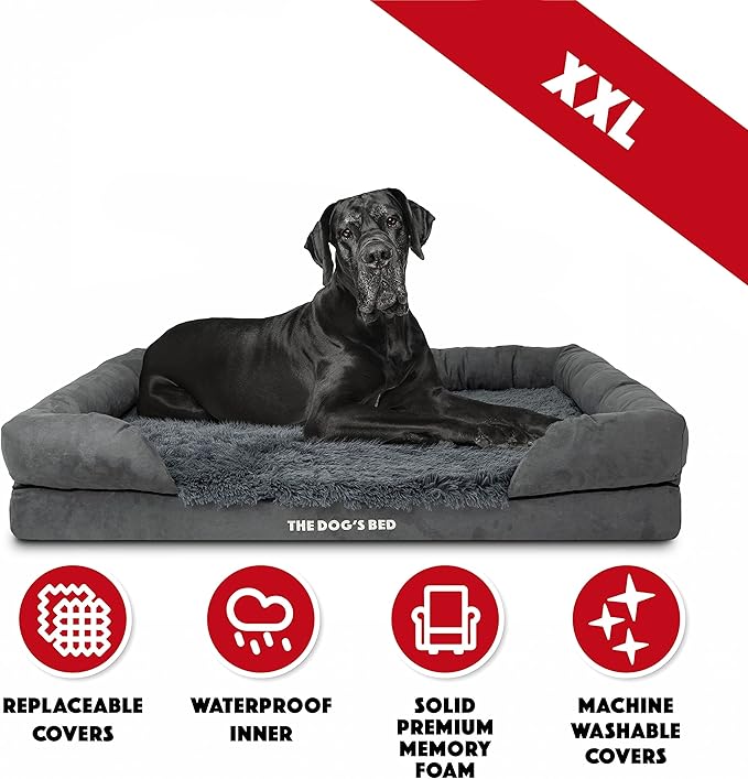 The Dog’s Bed Orthopedic Memory Foam Dog Bed with Bolsters, Fur Fabric, Grey Fur, XXL