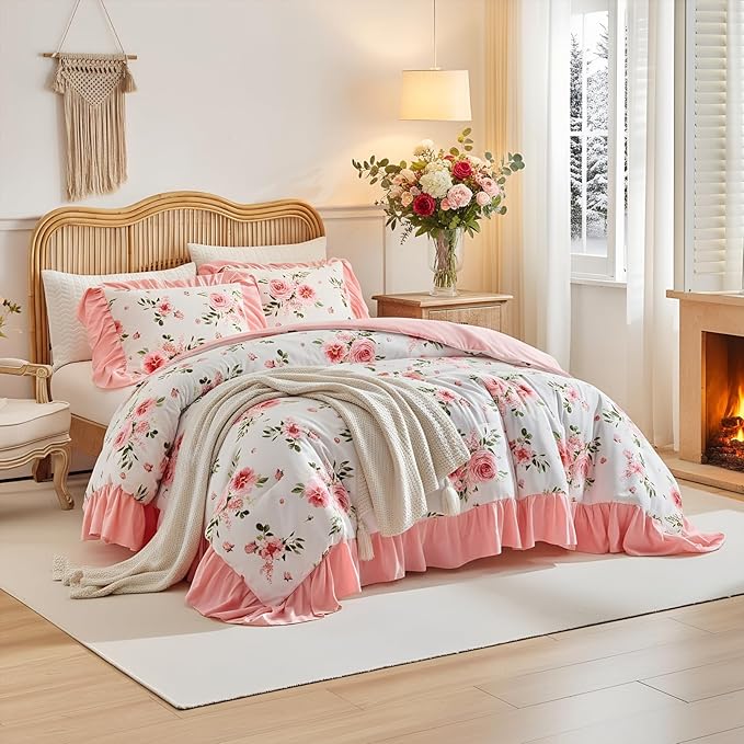 Flower Comforter Set Twin Size 68 * 86in - White Pink Floral with Green Leave Style -3 Pieces Shabby Chic Farmhouse Bedding with Ruffled Fringe Rustic Lightweight Fluffy Ruffle Comforter with Shams