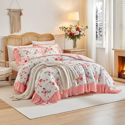 Flower Comforter Set Twin Size 68 * 86in - White Pink Floral with Green Leave Style -3 Pieces Shabby Chic Farmhouse Bedding with Ruffled Fringe Rustic Lightweight Fluffy Ruffle Comforter with Shams
