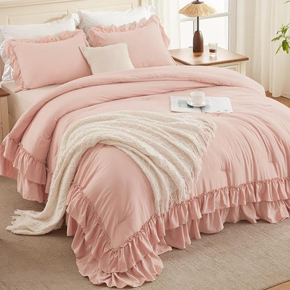 Andency Twin XL Ruffle Comforter Set, 2 Pieces Shabby Chic Farmhouse Bedding Set, Lightweight Soft Comforter Set 68×92In for Girls Women (1 Comforter 1 Pillowcase), Blush