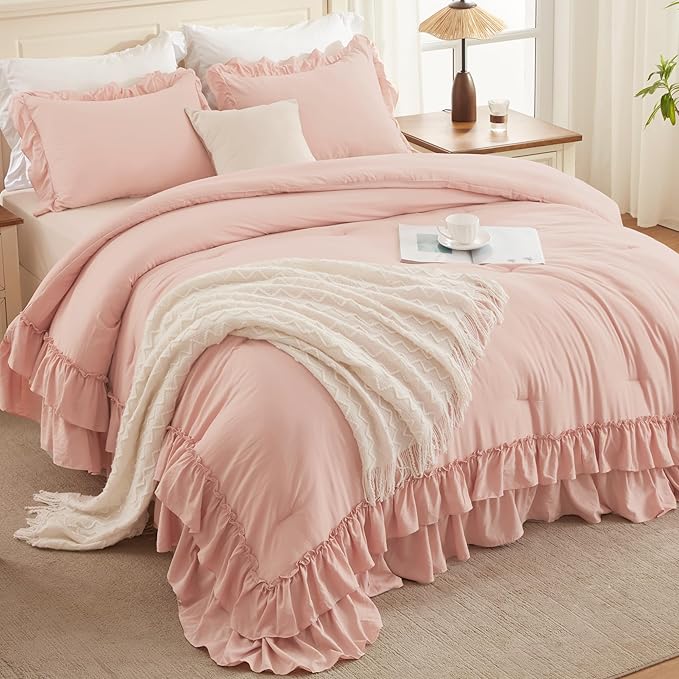 Andency Blush Queen Comforter Set(90x90Inch), 3 Pieces Lightweight Soft Ruffle Bedding Comforter Sets for Queen Bed, Farmhouse Shabby Chic Fluffy Soft Microfiber Bed Set for All Season