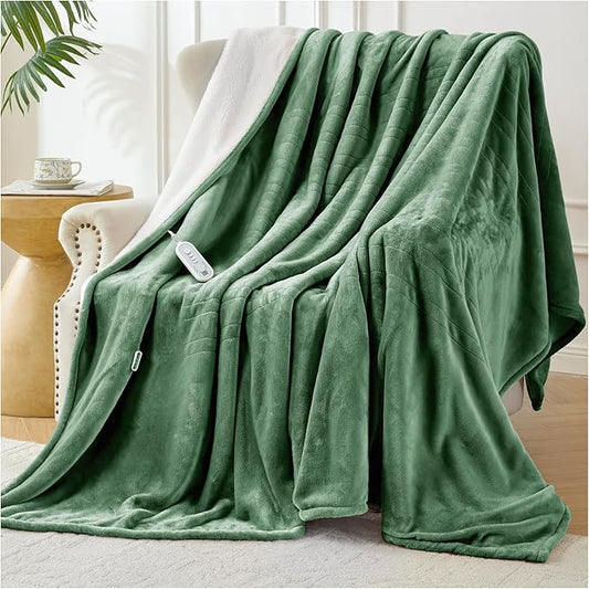 Electric Blanket Heated Twin Size-62" x 84" Heated Blanket with 8 Heat Levels & 10 Hours Auto Off, Fast Heating Flannel Blankets Machine Washable with ETL & FCC Certified, Green