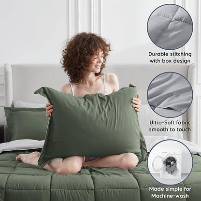 Nestl 7 Piece Full Comforter Set – Olive Green Reversible Bed in a Bag – Complete Full Size Bedding Set with Sheets, Pillowcases and Shams