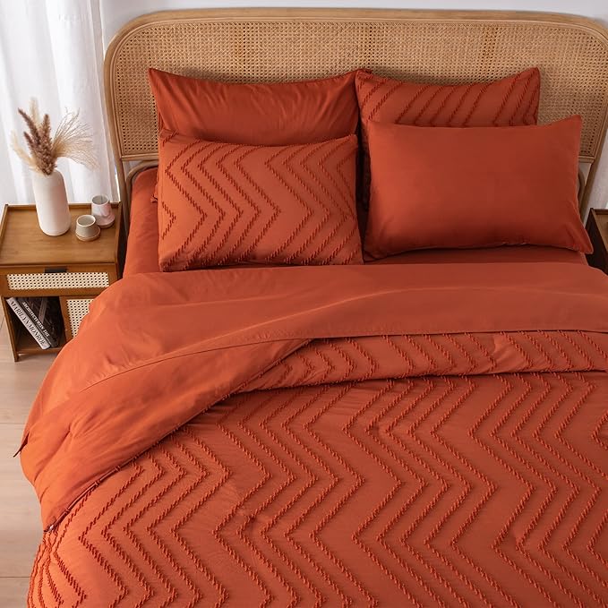 Litanika Full Size Comforter Set with Sheets Burnt Orange - 7 Pieces Bed in a Bag Full Terracotta Boho Tufted Complete Bedding Sets Rust Bed Set with Comforter, Sheets, Pillowcases & Shams