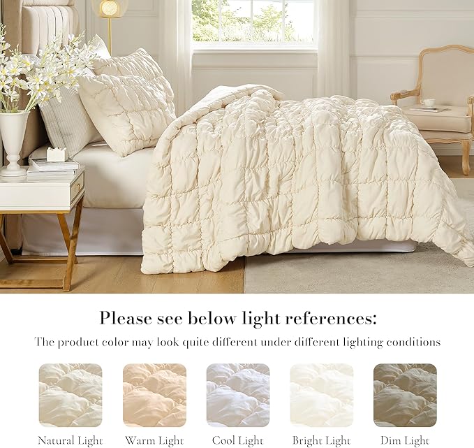 Amélie Home Queen Comforter Set, 3 Pieces Beige Bubble Bedding Set for All Season, Ultra Soft Cozy Comforter, Farmhouse Luxury Gift for Women Home Decor