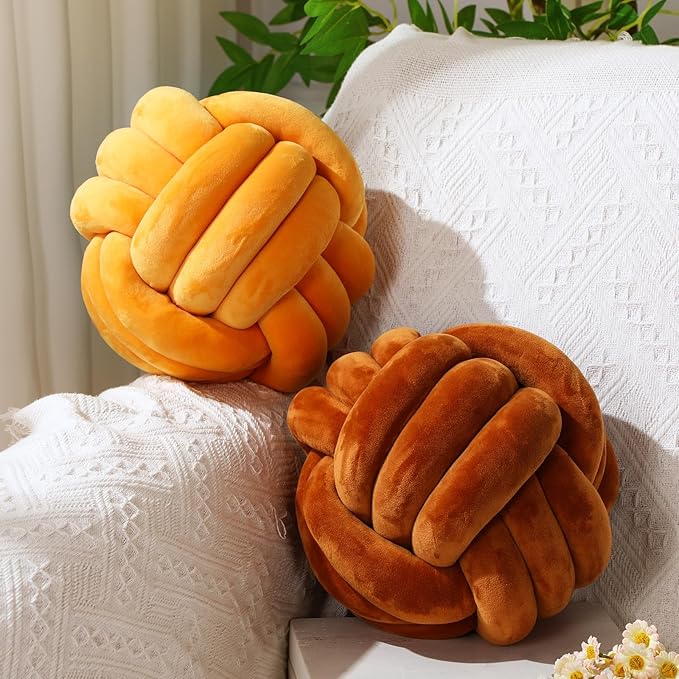 Namalu 2 Pcs Soft Knot Pillow Ball, Decorative Round Throw Knotted Pillows Cushion, Handmade Stuffed Ball Pillows for Winter Bedroom Sofa Couch Home Decor(7.87 Inches,Caramel Color)