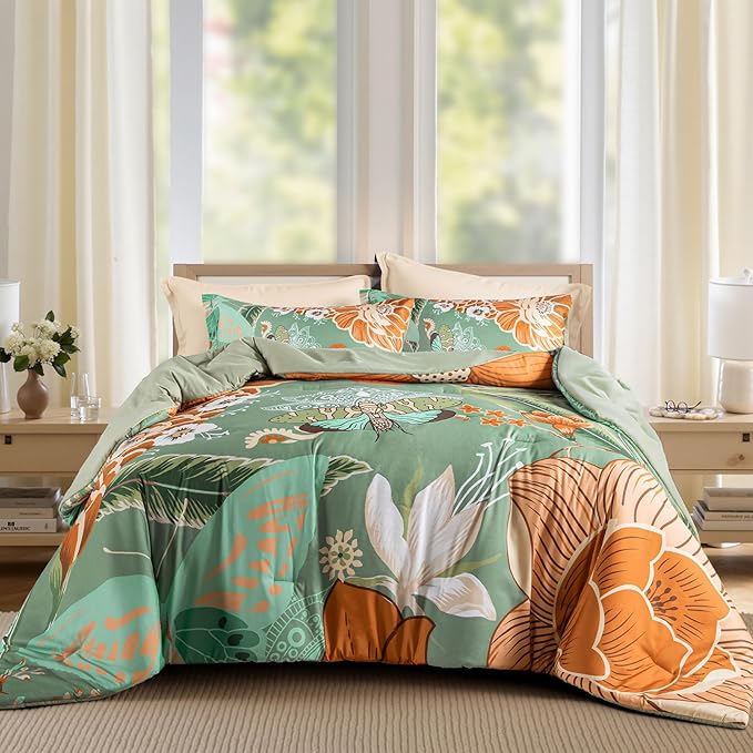 Sage Green Boho Floral King Comforter Set - 3 Piece Farmhouse Botanical Bedding Comforter Sets for All Season Soft Lightweight Mid Century Bed Set, (1 Reversible Comforter and 2 Pillow Shams