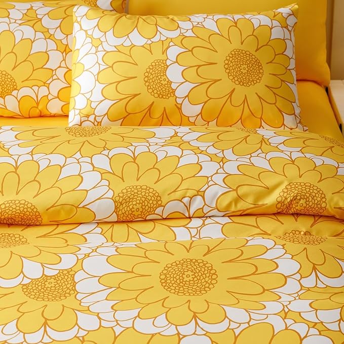 Houseri Yellow Sunflower Comforter Set Twin 3 Piece Yellow Floral Bedding Twin Size Lightweight White and Yellow Botanical Bed Set Soft Comfy Quilt Blanket Twin