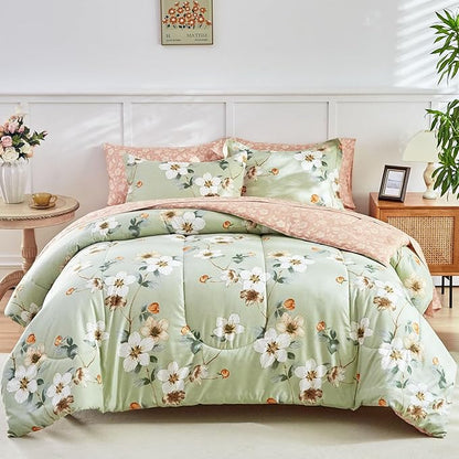 AIKASY 6 Piece Floral Comforter Set Twin Size - Soft Microfiber Bed in a Bag with Sheet Set for All Seasons - Green Flower Botanical Design - Reversible Bedding Set