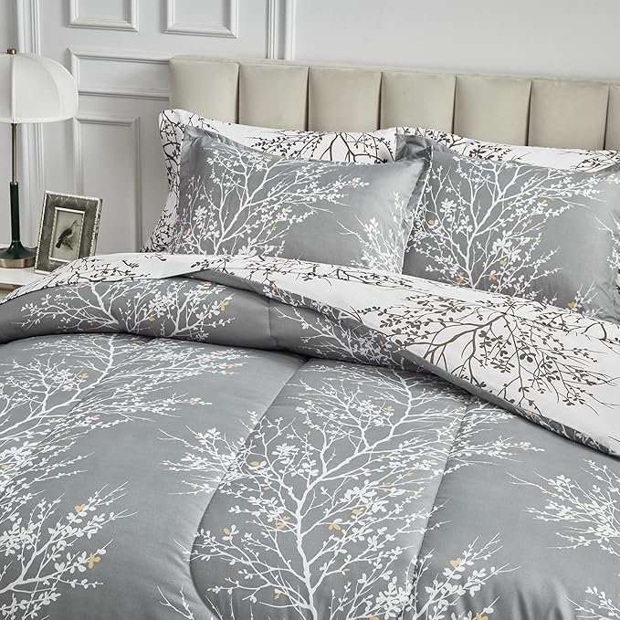 UOZZI BEDDING Bed in a Bag 6 Pieces Twin Size Gray Branches Soft Microfiber Reversible Bed Comforter Set (1 Comforter 2 Pillow Shams 1 Flat Sheet 1 Fitted Sheet 1 Pillowcases)