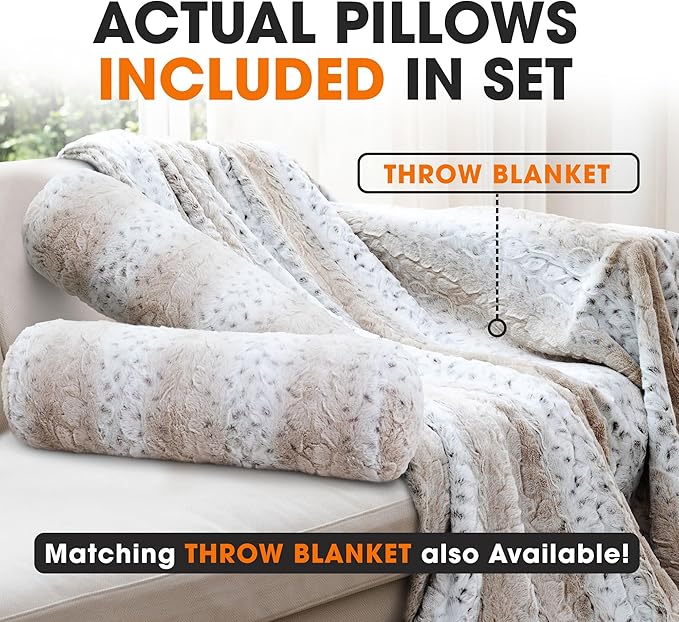 Cheer Collection Faux Fur Bolster Pillows – Soft Decorative Cylinder Pillows for Bed or Couch, Machine Washable – 8” x 24”, Set of 2, Snow Leopard