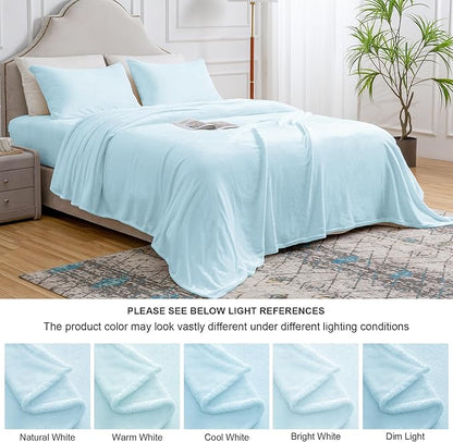 BEDELITE Flannel Sheets Queen Size Blue - Super Soft Fleece Sheets Set Fluffy Extra Plush, 4 Piece(Include Fitted Sheet, Flat Sheet, 2 Pillowcases)