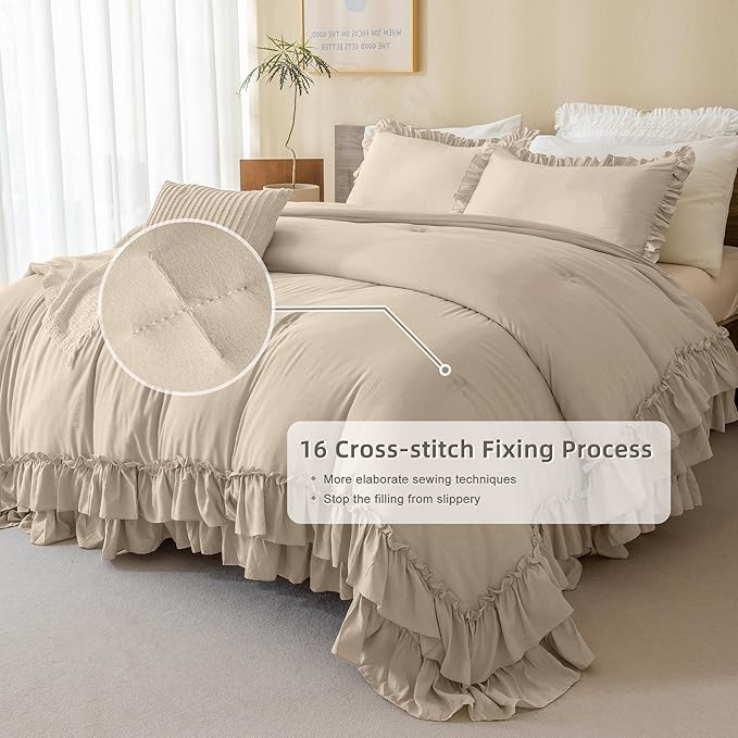 Queen's House Ruffled King Size Comforter Set,Linen Feel Textured Farmhouse Lightweight Fluffy Boho Chic Bedding Comforter,Ultra Soft Microfiber Inner Fill Bedding