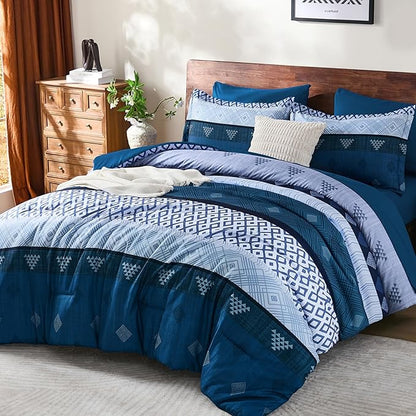 Xruibed Blue King Comforter Set 7 Pieces, Blue Boho Striped Bed in a Bag King Size Soft Microfiber All Season Bedding Set with Comforter, Sheets, Pillowcases & Shams(104"×90")