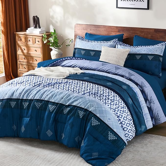 Xruibed Blue Queen Comforter Set 7 Pieces, Blue Boho Striped Bed in a Bag Queen Size Soft Microfiber All Season Bedding Set with Comforter, Sheets, Pillowcases & Shams(90"×90")