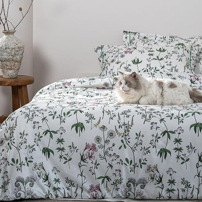 Cotton Comforter King Size Set – White Green Botanical Floral Bedding, Soft & Breathable Comforter, All-Season Down-Alternative Filling, 1 Comforter & 2 Pillow Shams
