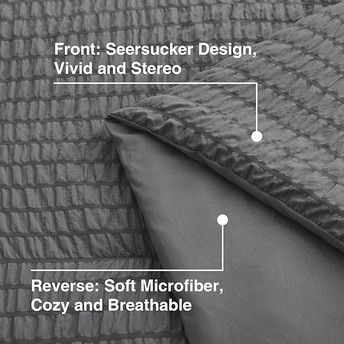 Love's cabin Seersucker Dark Grey King Size Comforter Set, 7-Piece All Season Lightweight Bed in a Bag Bedding Set with Comforter, Flat Sheet, Fitted Sheet, Pillowcases and Shams | Soft, Breathable, Lightweight