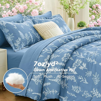 MUXHOMO Ice Blue Bed in a Bag King 7 Pieces, King Comforter Set Reversible Botanical Flowers Design, Ultra Soft & Breathable Bedding Sets with Comforter, Sheets, Pillowcases & Shams