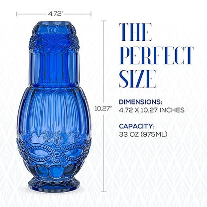 Bedside Water Carafe with Tumbler | 33-Ounce Pitcher and Matching Drinking Glass | Use Cup as a Lid for Carafe | For Guest Room, Nightstand, Office, or Gift | Blue | Elle Decor