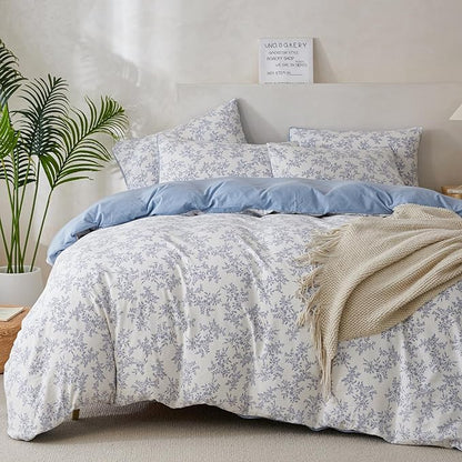 Comforter Set King Floral Soft Cute Bedding Sets Garden Style Blue Flower Print Botanical Floral Comforter for All Seasons and 1 Pillowcases