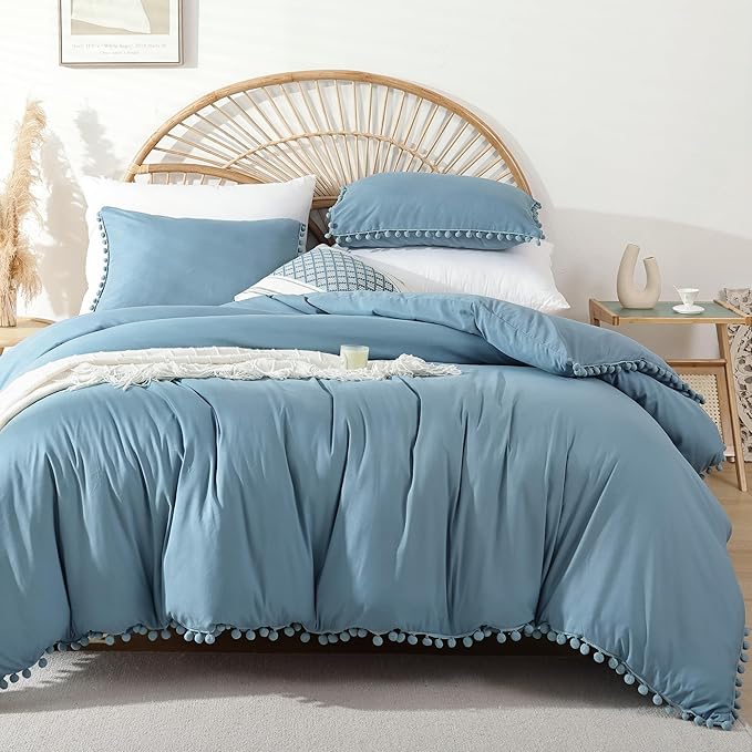 YIRDDEO Twin Comforter Set - Comforter Twin Size Bed with Ball Pom Fringe, Soft Bedding Set for All Seasons - 2 Pieces, 1 Comforter (66"x90") & 1 Pillow Sham(20"x26"), Dusty Blue