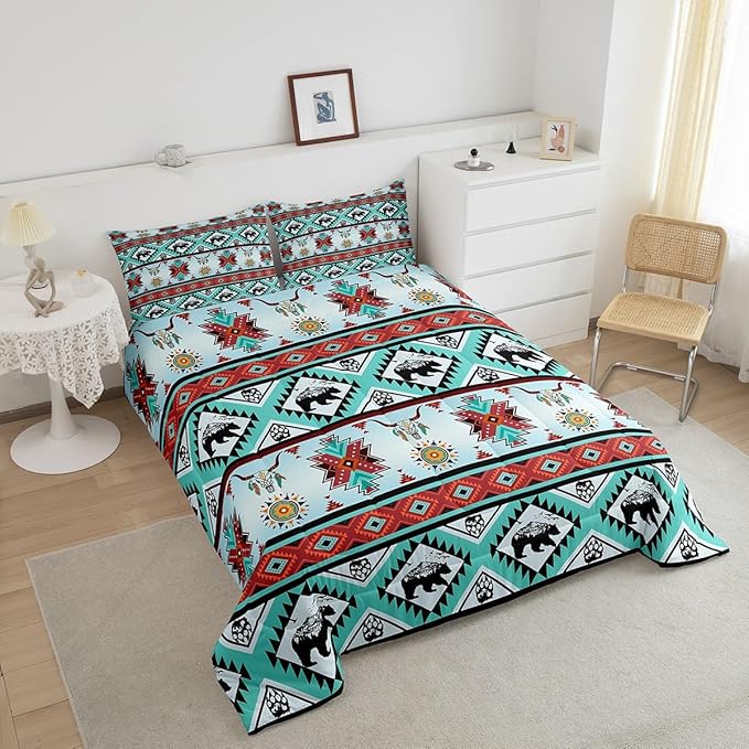 Erosebridal Black Bear Bedding Sets Exotic Bull Skull Western Comforter Set Queen,Ethnic Tribe Arrow Aztec Quilt Indian Tribal Geometric Diamond Triangle Duvet Insert,Bohemian Western Decor,Red Teal