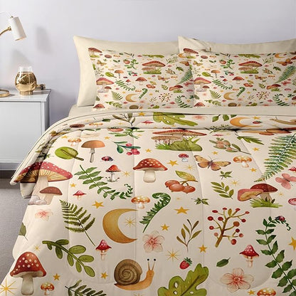 Nesker 5 Pcs Spring Comforter Set Twin Size, Mushroom Fern Bedding Set for Kids and Adults, Butterfly Leaf Bed Sheet Sets with Fitted Sheet Pillowcase & Sham