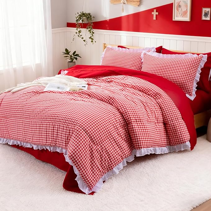 A Nice Night 5 Pieces Lightweight Soft Rustic Red Ruffle Comforter, Plaid Checkered Chic Bedding Comforter Set for Queen Bed