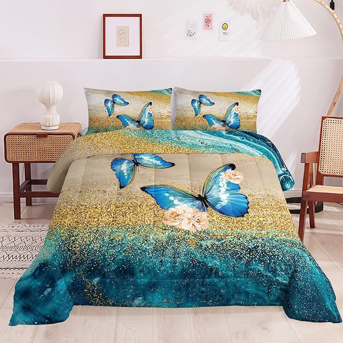 HOSIMA Butterfly Comforter Set with 2 Pillow Sham, Blue Floral Comforter - Queen Size for Kids and Women, Golden Vintage Pattern Bedding Set