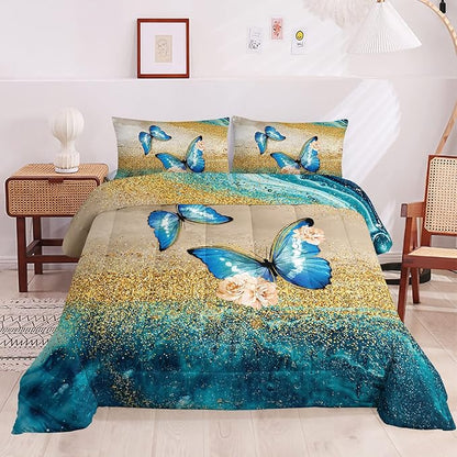 HOSIMA Butterfly Comforter Set with 2 Pillow Sham, Blue Floral Comforter - Queen Size for Kids and Women, Golden Vintage Pattern Bedding Set