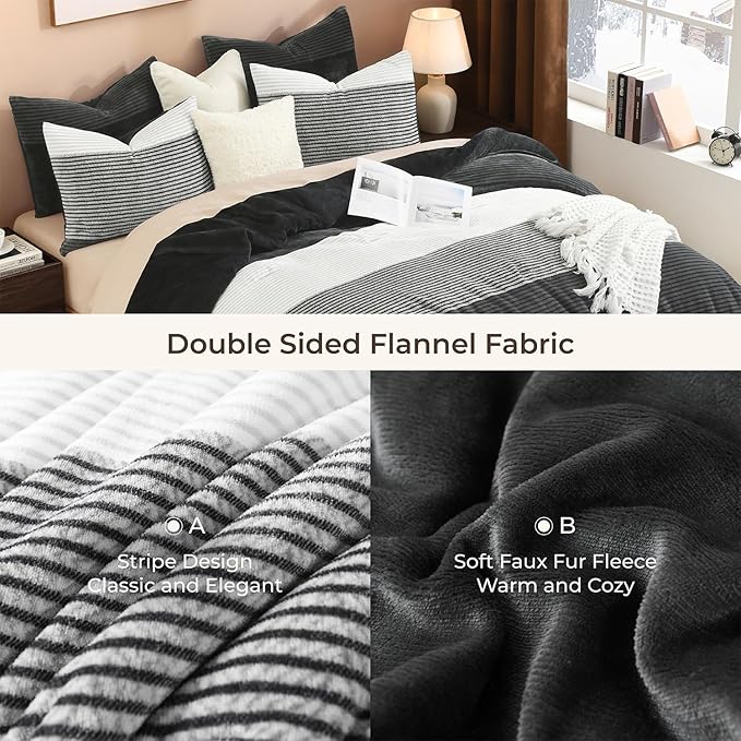 Litanika Fluffy Fleece King Size Comforter Set, Luxury Soft Plush Fuzzy Grey White Stripe Bedding Comforter Sets, Warm Shaggy Faux Fur Bed Set All Season (1 Comforter, 2 Pillowcases)