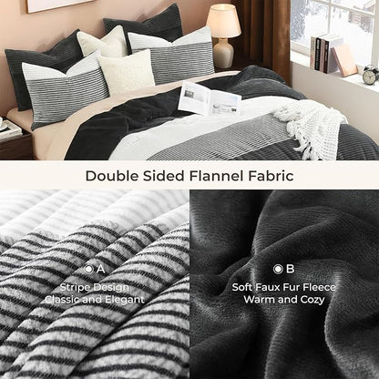 Litanika Fluffy Fleece Twin Comforter Set, Luxury Soft Plush Fuzzy Grey White Stripe Bedding Comforter Sets, Warm Shaggy Faux Fur Bed Set All Season (1 Comforter, 1 Pillowcase)