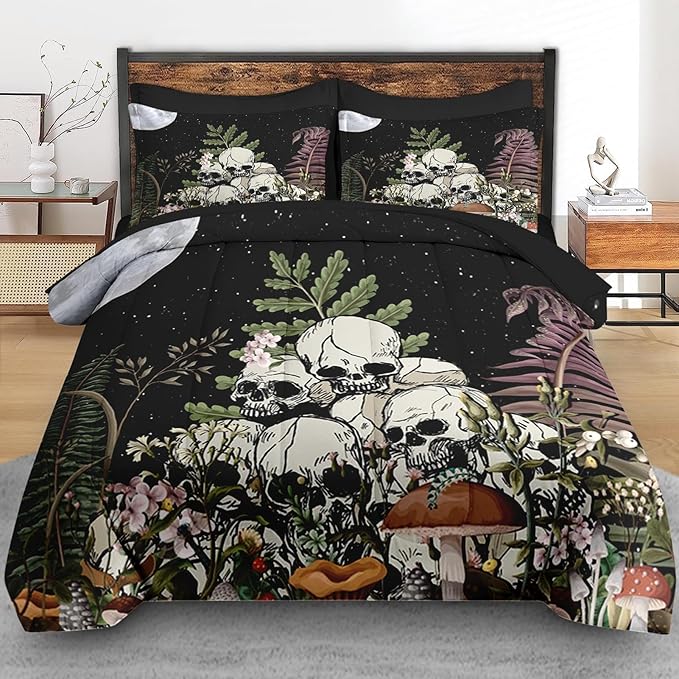 Comforter Set King Size, Mushroom Plant 7 Pcs Bedding for Kids and Adults, Skeleton Spooky Retro Bed Sheet Sets with Fitted Sheet 2 Pillowcases & 2 Shams for Bedroom Bed Decor