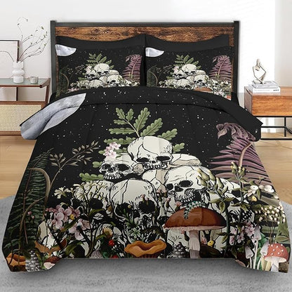 Comforter Set King Size, Mushroom Plant 7 Pcs Bedding for Kids and Adults, Skeleton Spooky Retro Bed Sheet Sets with Fitted Sheet 2 Pillowcases & 2 Shams for Bedroom Bed Decor