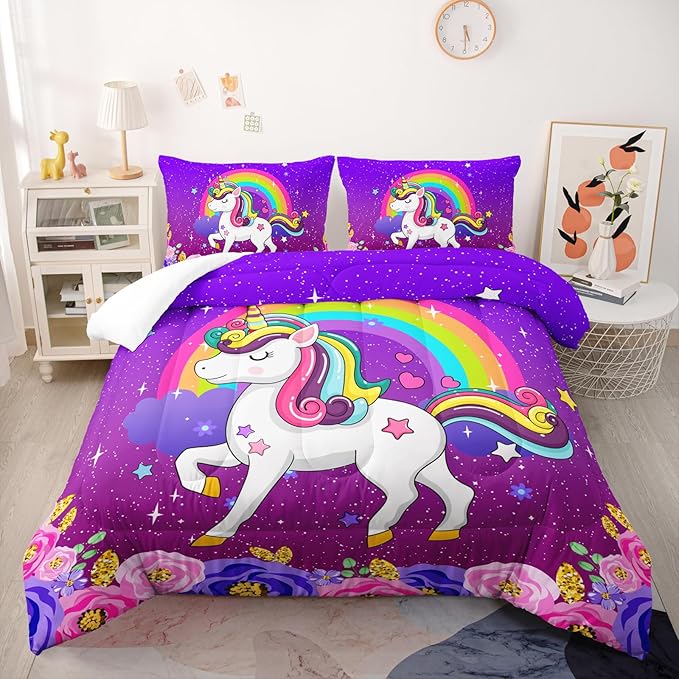 Cute Unicorn Comforter Sets Bedding Sets for Kids,Rainbows and Flowers Comforter Sets Twin Size，All Season 1 Comforter and 2 Pillowcases