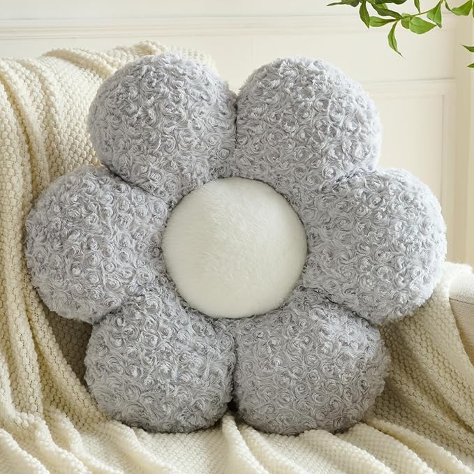 Flower Pillows, Decorative Throw Pillow with Soft Plush for Couch, Flower Shaped Pillow Home Decor Daisy Pillow for Bed (Grey, 19.6 Inches)