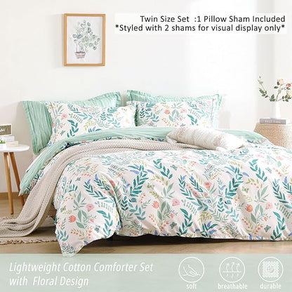 Botanical Cotton Comforter Twin Size 2Pcs - Cute Garden Floral Design with Green Leaves & Coral and Pink Flowers,Sage Striped Reverse,Lightweight Reversible Bedding Sets(Twin,68"×90")