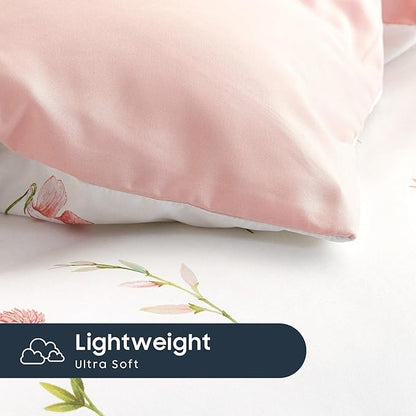 Wake In Cloud - Floral Comforter Set, Cottagecore Cute Aesthetic Watercolor Tiny Flowers and Leaves, Soft Lightweight Bedding for Women Teen Girls, 3 Pieces, Pink, Full Size