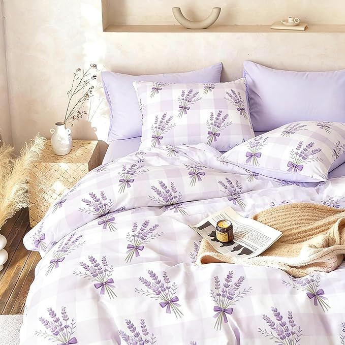 Lavender Comforter Set Full Size Purple Gingham Bedding 3Pcs Boho Plaid Checkered Pattern Quilted Comforter with 2 Pillowcases, 79"x90"
