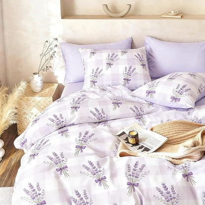 Lavender Comforter Set Full Size Purple Gingham Bedding 3Pcs Boho Plaid Checkered Pattern Quilted Comforter with 2 Pillowcases, 79"x90"
