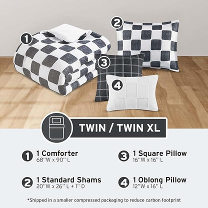 Intelligent Design Comforter Set Chic Black & White Checkered Print, Modern Lightweight All Season Bed Set, Sham, Décor Pillows, Miley, Twin/Twin XL, Black/White 4 Piece