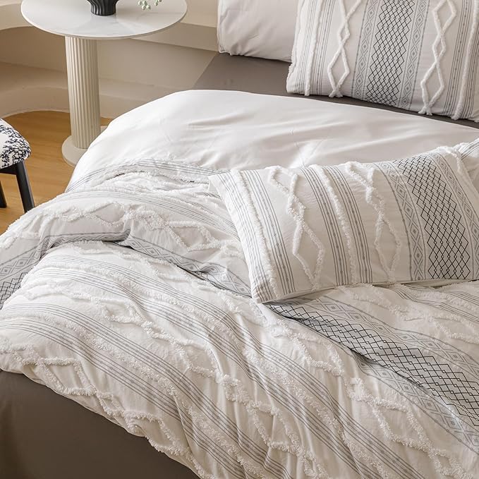 Luxlovery Boho White Comforter Set Queen Women Men Farmhouse White Black Jacquard Bedding Set Bohemian Country Blanket Quilts Durable Soft Breathable 3PCS Comforter Set Queen Bed