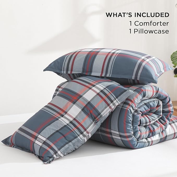 Andency Navy Red Plaid Comforter Set Twin(66x90 Inch), 2 Pieces Grid Gingham Stripes Bedding Comforter Sets for Boys Girls Kids Teens, Preppy Geometric Line Soft Lightweight Reversible Bed Set as Gift